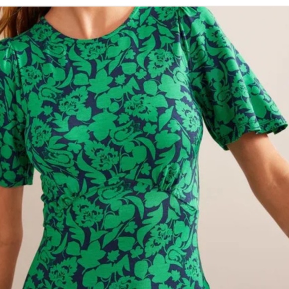 Boden Midi Dress Jersey Knit Flippy Hem Short Sleeve Navy Green Floral Size 12 - Picture 5 of 16